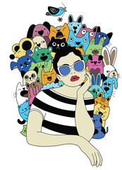 Drawing of a happy young lady giving herself a hug surrounded by playful and adorable kitties. It's a hand-drawn image with straightforward lines.