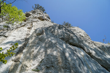 Rock climbing wall at Hausstein Peak near Myrafalle in Austria