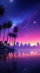 Fototapeten A futuristic cityscape at purple sunset in the background with stars and palms © Jacknoo