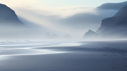 travel mountain beach mist landscape illustration blue fog, rock view, water foggy travel mountain...