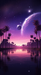 
A futuristic cityscape at purple sunset in the background with stars and palms