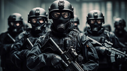 SWAT Company soldiers in formation, ready for battle. They are equipped with modern firearms and are in a ready position, giving the impression of an imminent threat, purple and black - obrazy, fototapety, plakaty