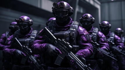Fototapeta premium SWAT Company soldiers in formation, ready for battle. They are equipped with modern firearms and are in a ready position, giving the impression of an imminent threat, purple and black