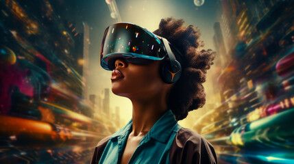 Portrait of a happy smiling passionate African American black woman person wearing virtual reality headset.