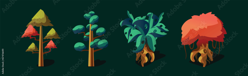 Poster fantastic tree for ui game design vector set