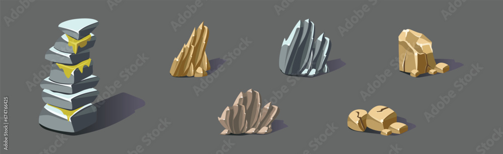 Poster rock and solid stone as game element isolated vector set