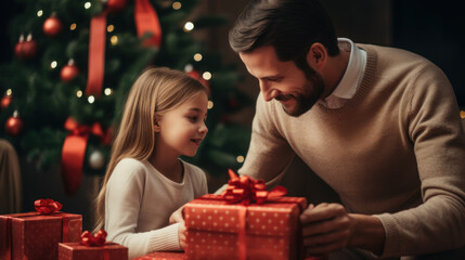 father mother and daughter wrap gifts in the living room