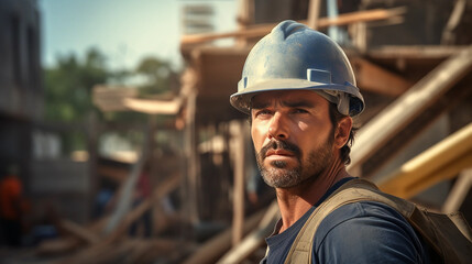 Construction contractor with heavy-duty helmet on the site of several houses under construction
