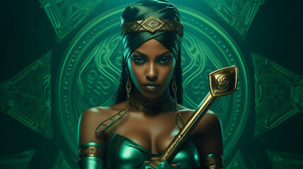 An emerald-coloured background with 2 crossed axes forming an X, a female genie is in the middle with her arms crossed and looking determined hyperrealistic, anamorphic lens