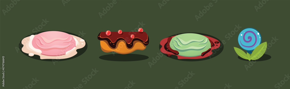 Poster fantasy sweets and confection elements for game ui design vector set