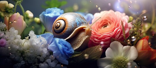 In the midst of a lush garden a snail gracefully crawls along the delicate petals of a vibrant hydrangea flower revealing the beauty of nature s perfect pairing between plant and creature