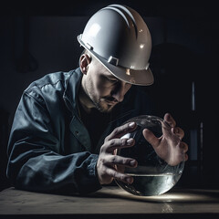 
Engineer with helmet, reflective safety vest, sitting at office desk, staring at only one CRYSTAL BALL, trying to imagine an alternative to meet deadlines