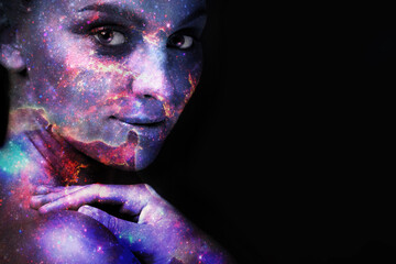 Woman, portrait and double exposure for universe, stars or fantasy for art, cosmos and shine by black background. Girl, mockup space or overlay with galaxy, nebula or milky way with night sky on face