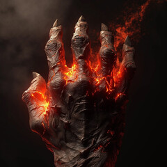 A hand making devil's horns when entering lava like at the end of terminator 2 style- realistic