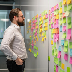 A construction contractor standing in front of a wall covered with colourful post-it notes. Each post-it note represents a strategic idea or initiative for the company, with annotations and notes add