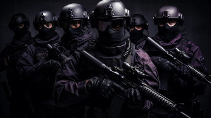 SWAT Company soldiers in formation, ready for battle. They are equipped with modern firearms and are in a ready position, giving the impression of an imminent threat, purple and black