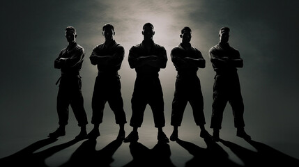 5 shadows silhouettes of jiu jitsu fighters in black ready to fight arms crossed with plain background - obrazy, fototapety, plakaty