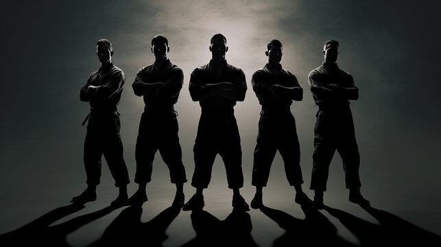 5 shadows silhouettes of jiu jitsu fighters in black ready to fight arms crossed with plain background