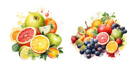 Vibrant Watercolor Fruit Explosion: Citrus and Berries Splash Illustration