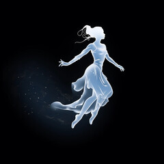 Simplistic white silhouette of a female Genie Magical flying