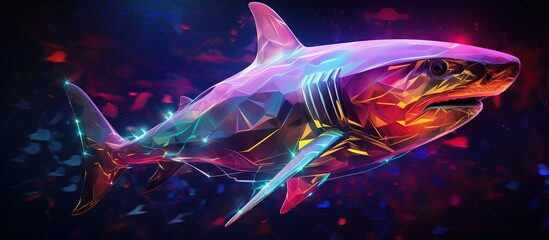 Abstract 3d colorful hologram shark fish drawing in dark background. AI generated