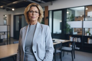 Portrait of a professional woman in a suit standing in a modern office. Mature business woman looking at the camera in a workplace meeting area.
