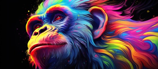 Abstract 3d colorful hologram monkey animal drawing in dark background. AI generated