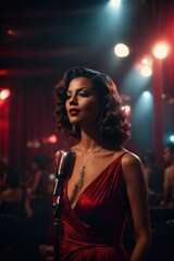 photo of jazz singer. a beautiful woman singer wearing a shiny dress in a smokey night club
