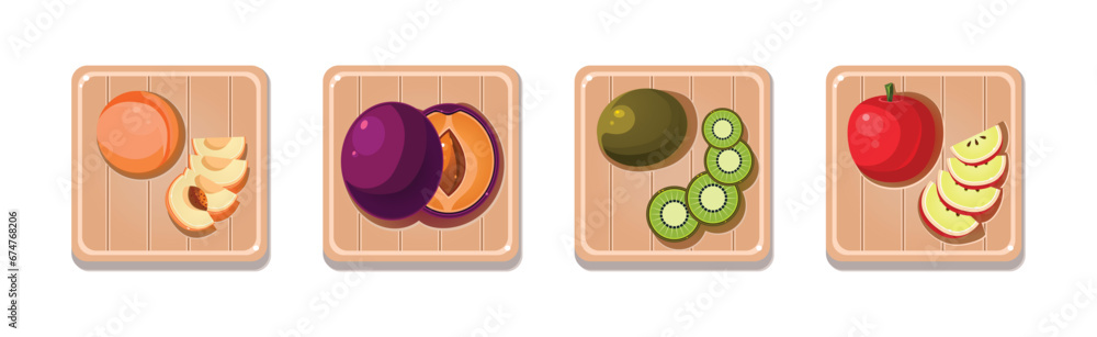 Sticker fruit sliced and chopped on wooden board vector set