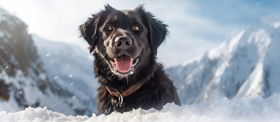 In the picturesque winter mountain setting a cute and funny black dog with sparkling eyes stood out...