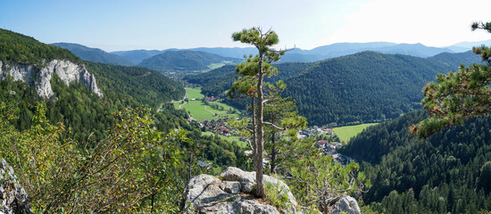 Beautiful panoramic view from Hausstein Peak near Muggendorf Myrafalle in Austria