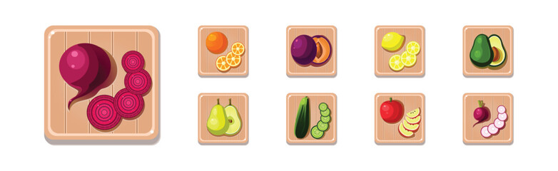 Fruit and Vegetables Sliced and Chopped on Wooden Board Vector Set
