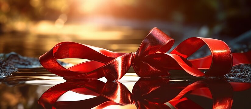 Luxury Red bow and ribbon in lake water background. AI generated