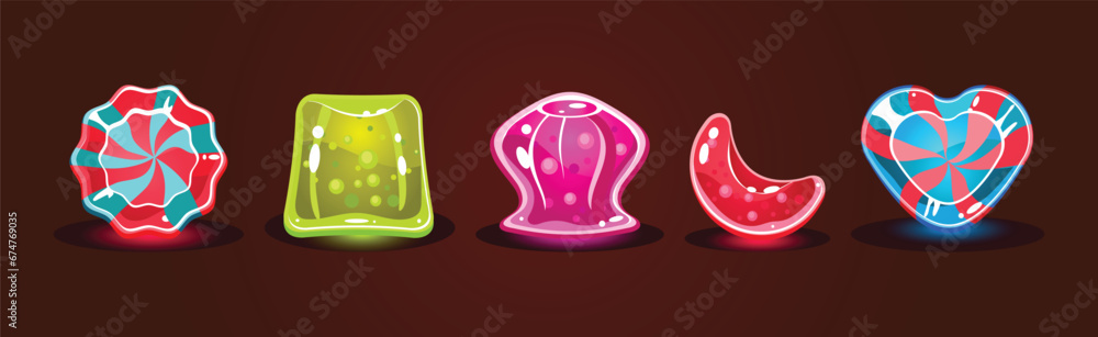 Poster bright jelly with bubbles as colorful game element vector set