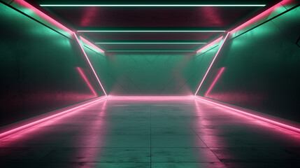 Modern empty room with colored neon glowing light. Copy space. Futuristic design. Generative AI