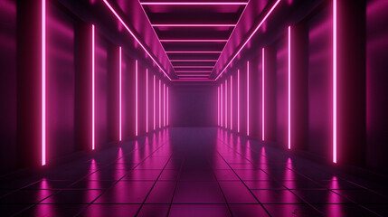 Minimal room interior of a dark long corridor with pink neon glowing light. Copy space. Generative AI