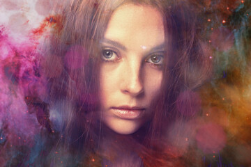 Woman, portrait and galaxy for, star dust, fantasy and nebula for art, cosmos or double exposure...