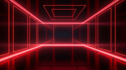 Minimal interior of a dark empty room with red neon glowing light. Copy space. Generative AI
