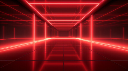 Minimal room interior of a dark long corridor with red neon glowing light. Copy space. Generative AI