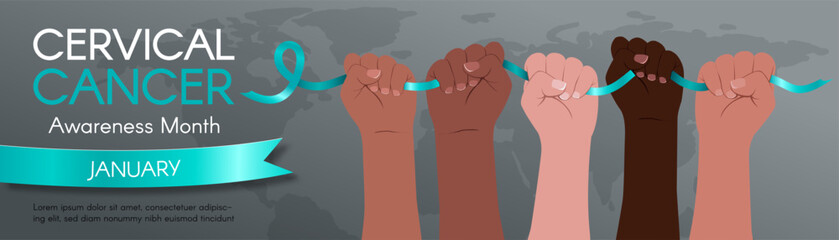 Long horizontal Banner for Cervical Cancer Awareness Month. Diverse hands hold a teal ribbon. Modern flat vector illustration - obrazy, fototapety, plakaty