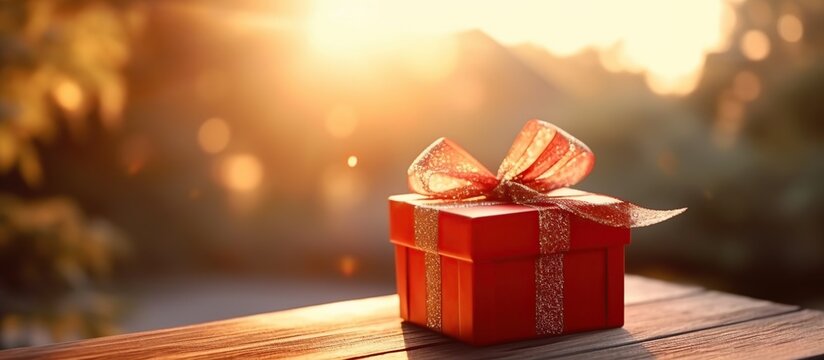 Red gift box with red ribbon and bow isolated on nature blur background. AI generated image