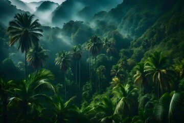 Fototapeta na wymiar Jungle, rainforest during the plank, palm trees in the morning in the fog, jungle in the haze, palm trees in the haze