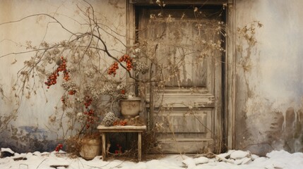 An old door and a table in the snow