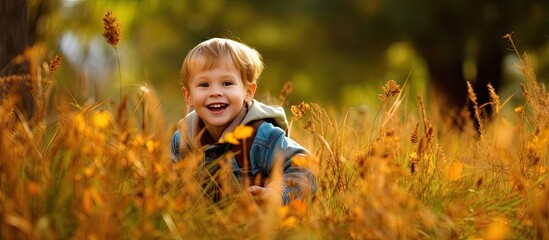 In the summer amidst the green grass and vibrant orange colors of autumn a happy child enjoys a...