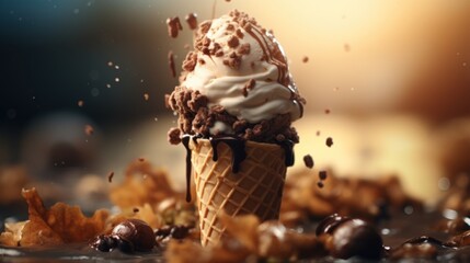A chocolate ice cream cone with a scoop of ice cream
