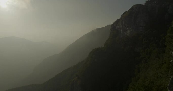 Aerial view of Mount Terminio peak at sunset from Ripe della Falconara lookout, Serino, Campania, Avellino, Italy.