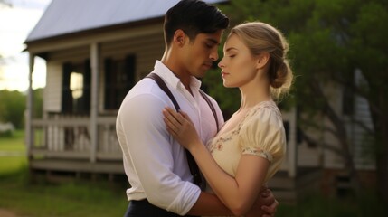 Fototapeta premium A man and a woman standing in front of a house