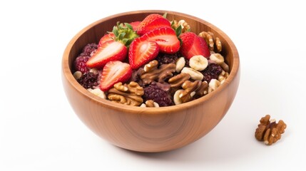 A wooden bowl filled with fruit and nuts