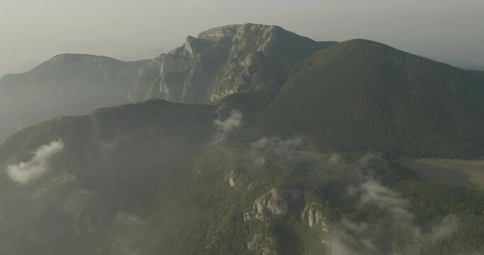 Aerial view of Mount Terminio peak at sunset from Ripe della Falconara lookout, Serino, Campania, Avellino, Italy.