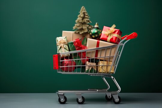 Shopping card full of presents. Gift boxes, decorated elements with red bows in a supermarket trolley. black Friday Christmas, New Year Holiday sale discounts. Gifts in shopping cart, Green background